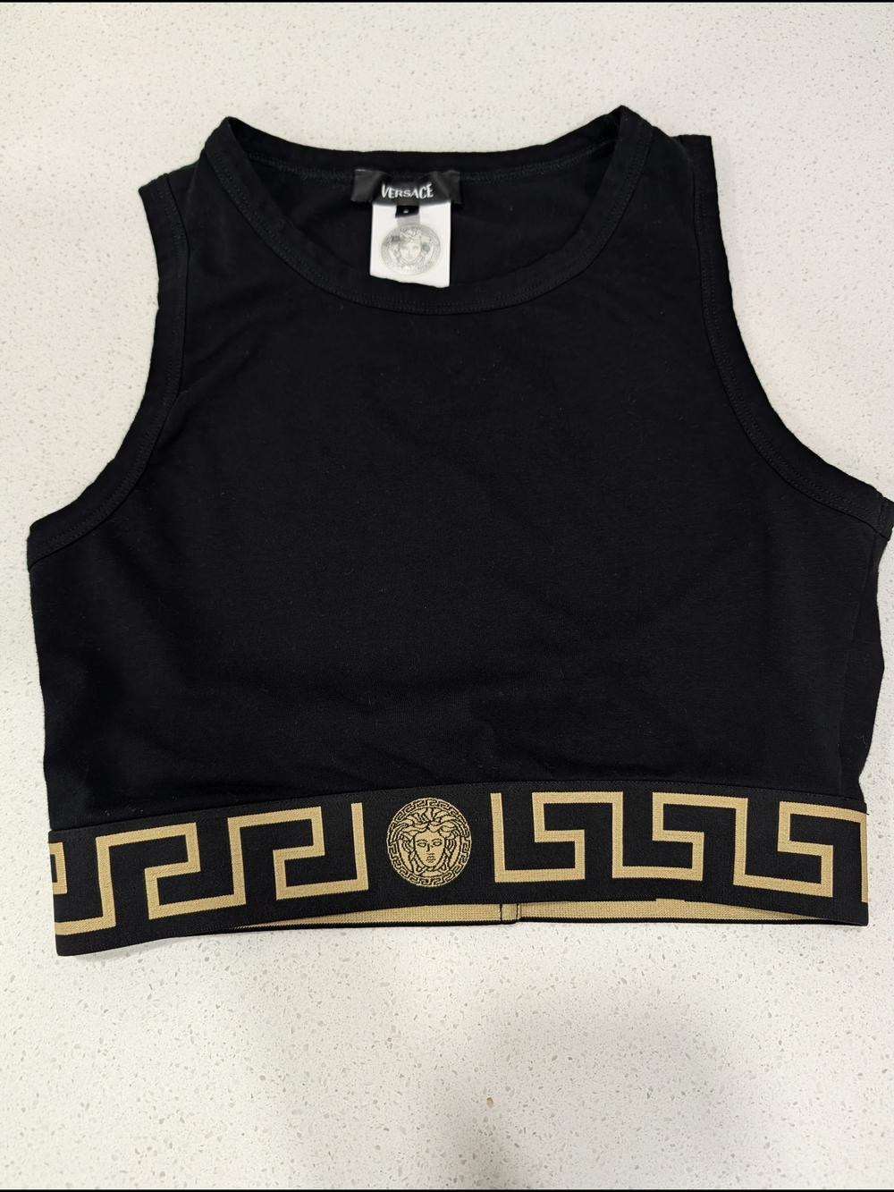 Versace Black Crop Top with Gold Greek Key Band